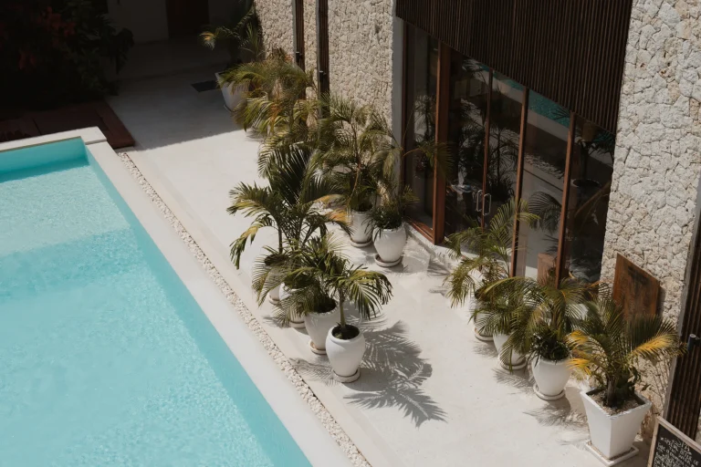 Plant-lined pool beside the white buildings at Samawa Living