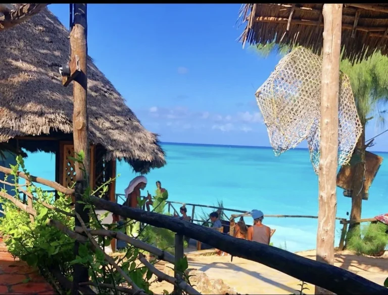 Thatched deck looking down to the beach at Sazani Beach