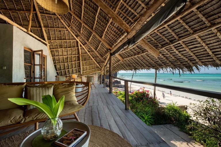 Thatched beachfront lounge deck at Upendo Beach