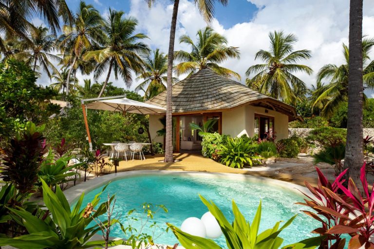Garden villa pool surrounded by tropical plants at Zanzibar White Sand Luxury Villas
