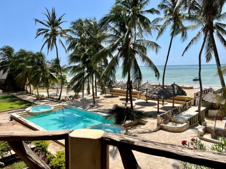 Pool and palm-lined beach seen from a balcony at Zula Zanzibar